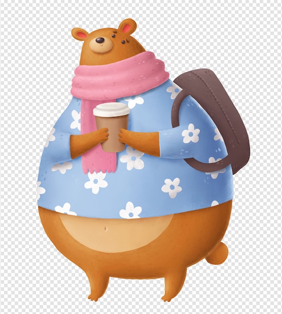 Urso com café e mochila