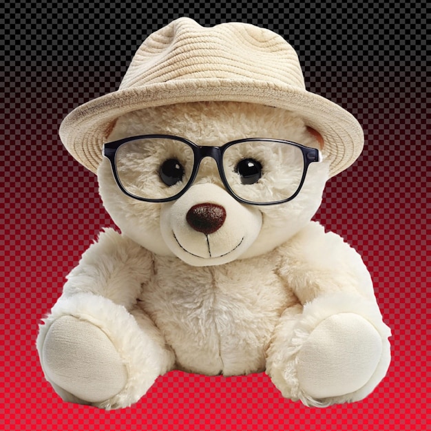 PSD urso de pelúcia branco usando chapéu e óculos com fundo transparente