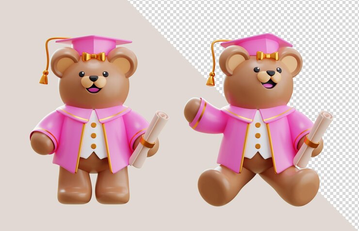 PSD urso de pelúcia em 3d com túnica rosa e boné de formatura rosa segurando diploma