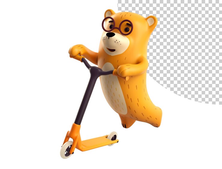 PSD urso em uma scooter urso está andando em uma scooter design de estilo de desenho animado 3d realista 3d render