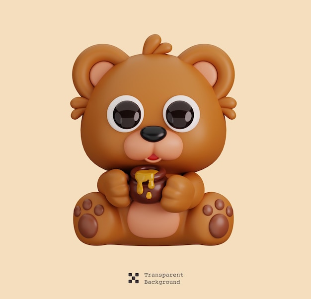 Urso fofo segurando pote de mel animais isolados e ícone de comida estilo desenho animado conceito renderização 3D