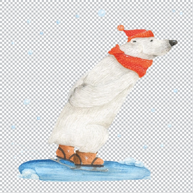 Urso polar patinando no gelo sob a neve que cai. ilustração em aquarela, elementos em camadas