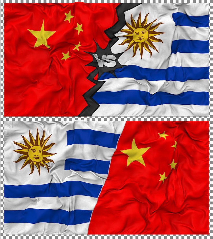 PSD uruguai vs china meia bandeira combinada textura de tecido de bump 3d rendering