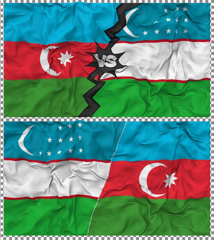 PSD usbekistan gegen aserbaidschan halbkombinierte flagge stoff-bump-textur 3d-rendering