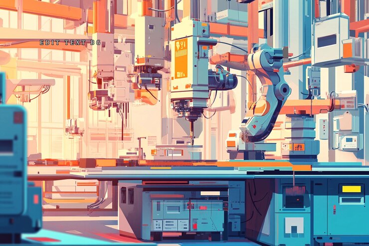 PSD usine industrielle automatisée avec des bras et des machines robotiques