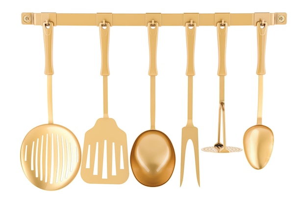 Des ustensiles de cuisine dorés sur une bande de crochet de cuisine rendu 3D isolé sur un fond transparent