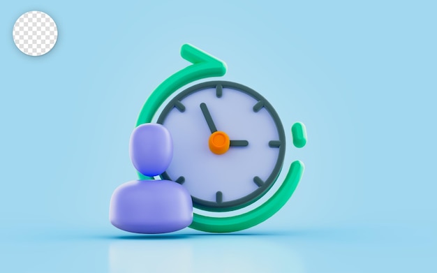 usuário com sinal de seta de rotação do relógio conceito de renderização 3d para história de vida humana Tempo decorrido
