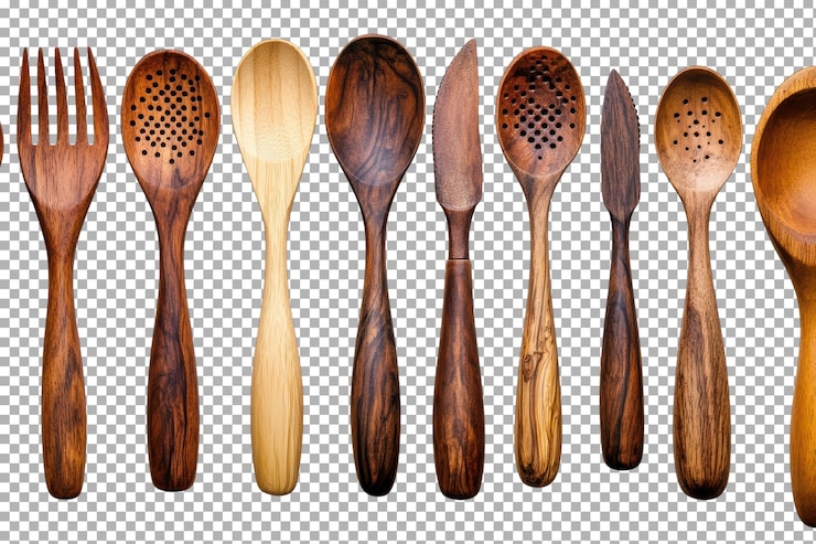 PSD utensilios de madera hechos a mano dispuestos en una exhibición artística sobre un fondo claro