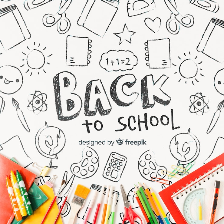PSD útiles escolares planos con dibujos