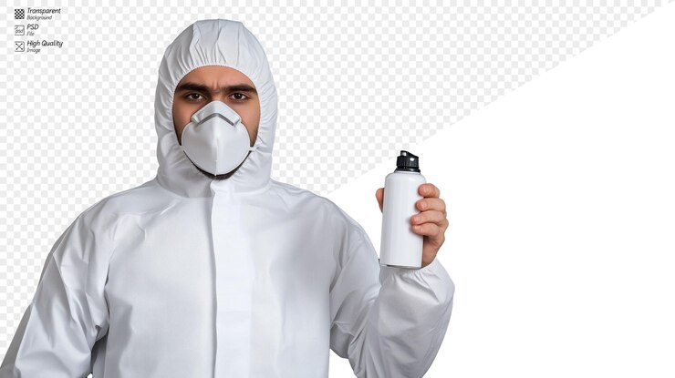PSD utilizador de equipamento de protecção segurando um frasco de pulverização sobre um fundo transparente