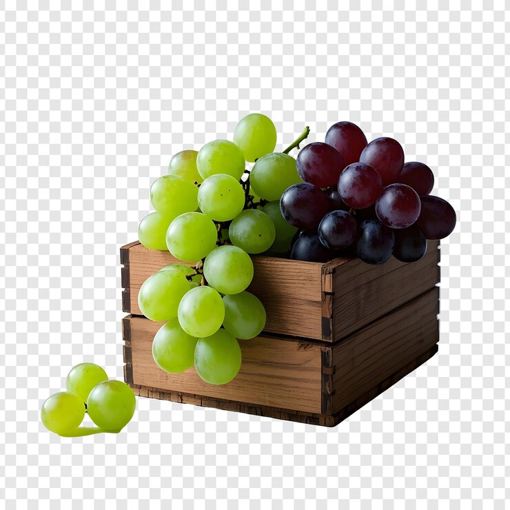PSD uvas en una gran caja de madera aisladas sobre un fondo transparente