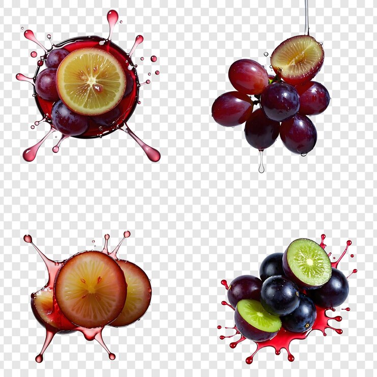 PSD uvas en rebanadas jugo profundo salpicaduras de jugo en el aire aislado sobre un fondo transparente