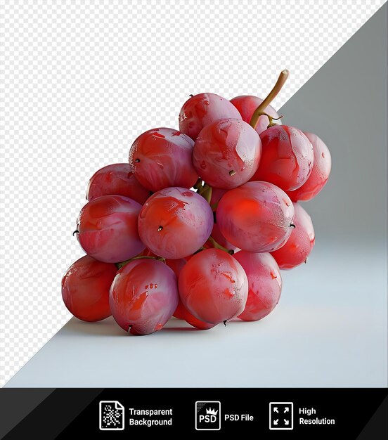 PSD uvas rojas en el mercado acompañadas de una manzana roja y un tallo marrón con una sombra blanca en el fondo png