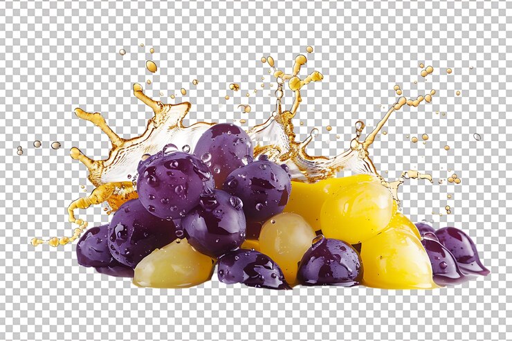 PSD uvas con salpicaduras de jugo aisladas contra un fondo transparente