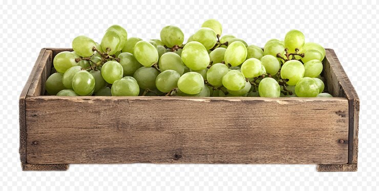 PSD uvas verdes en una caja de madera aisladas sobre un fondo blanco