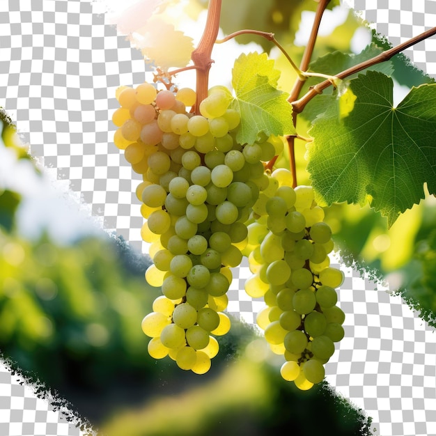 PSD uvas verdes não maduras em um jardim de vinha com um fundo transparente em um dia de verão ensolarado com metal e espaço para copiar
