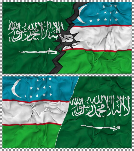 Uzbekistán contra Arabia Saudita Media bandera combinada con textura 3D de la tela de la bandera