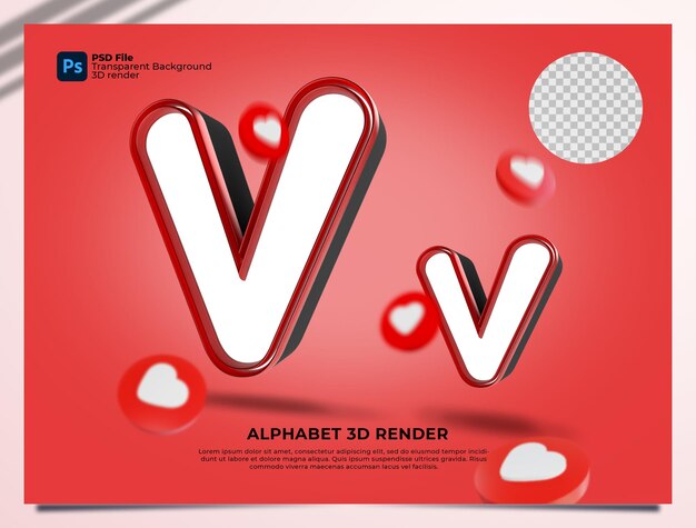 v alphabet  3d render red color with elements