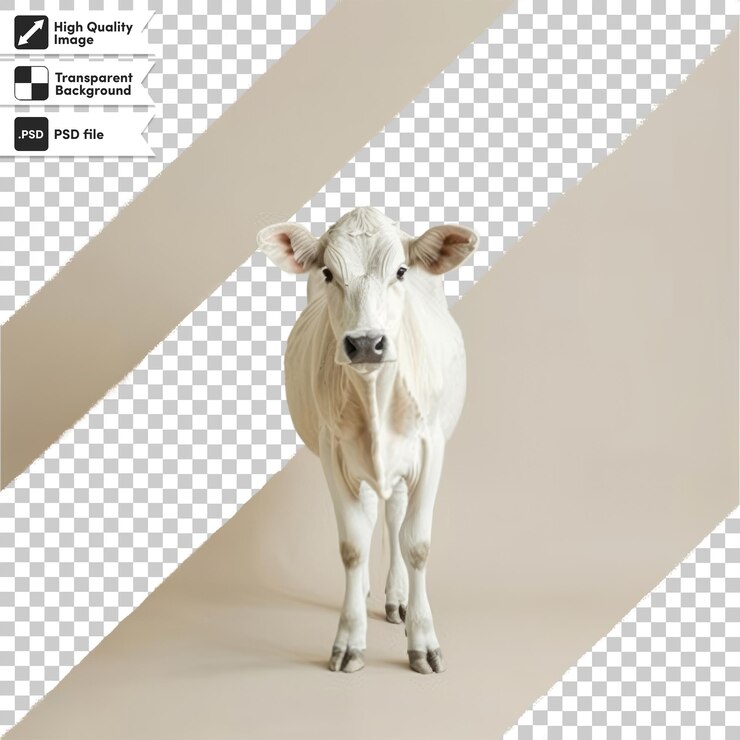 PSD una vaca está de pie en una mesa y mira a la cámara