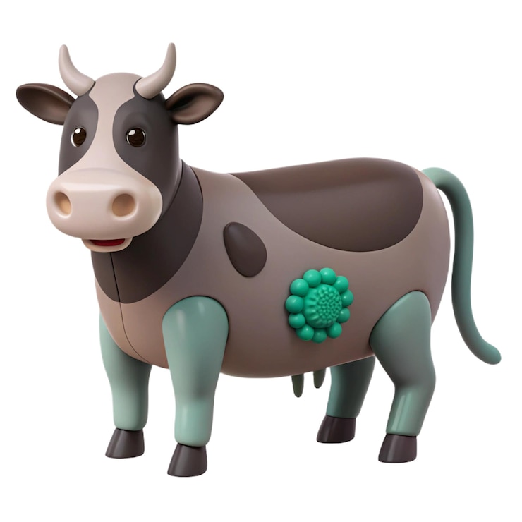 PSD una vaca con una etiqueta verde en su oreja y una flor verde en su pecho