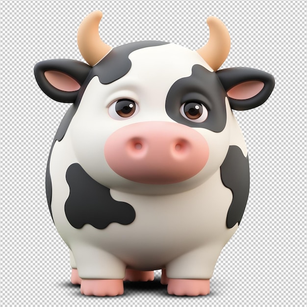 Vaca fofa de desenho animado em renderização 3D com manchas pretas e brancas