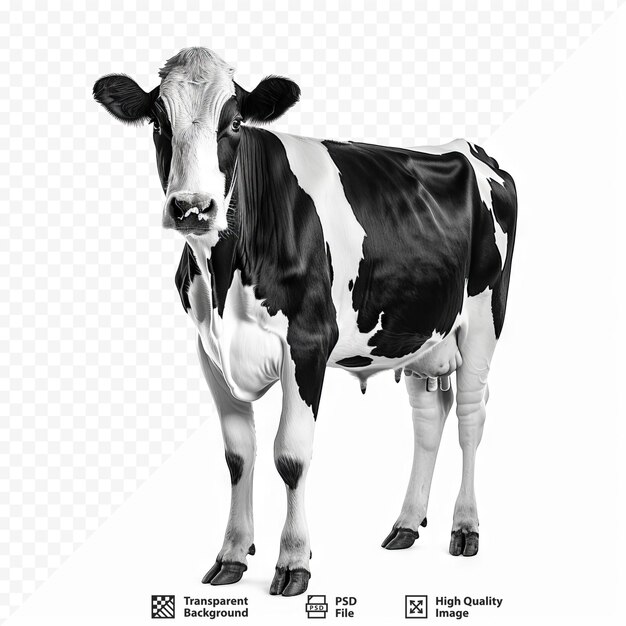 PSD vaca isolada em fundo isolado branco em pé vertical preto e branco em todo o comprimento e vista frontal e espaço de cópia