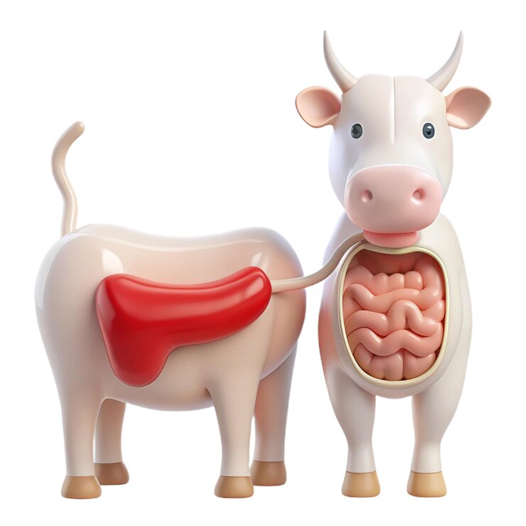 PSD una vaca con una lengua rosa que sobresale de su estómago