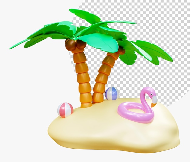 Vacaciones de verano y concepto de viaje Pequeña isla con una palmera flamingo piscina inflable anillo pelota de playa en la arena de la isla renderizado 3d