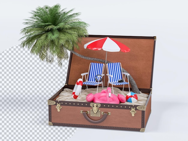 Vacaciones de verano con sillas de playa sombrilla sombrero cámara árbol de coco y accesorios de playa