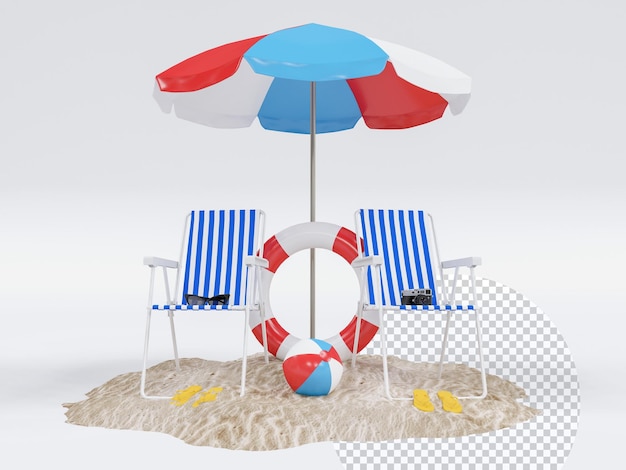 Vacances d'été avec des chaises de plage, un chapeau parapluie, une caméra et des accessoires de plage