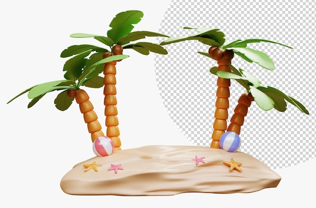 Vacanze estive e concetto di viaggio Piccola isola con un pallone da spiaggia di stelle marine di palma su rendering 3d di sabbia