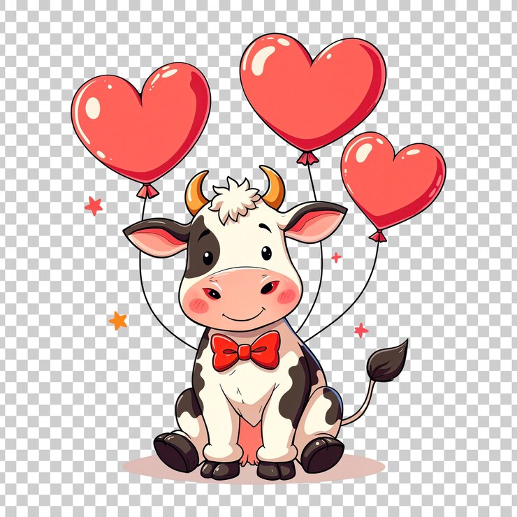 PSD vacca adorabile con palloncini di cuore su sfondo trasparente