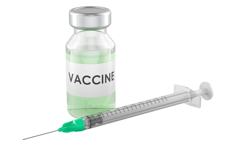 PSD vaccin dans un flacon avec seringue concept de vaccination rendu 3d isolé sur fond transparent