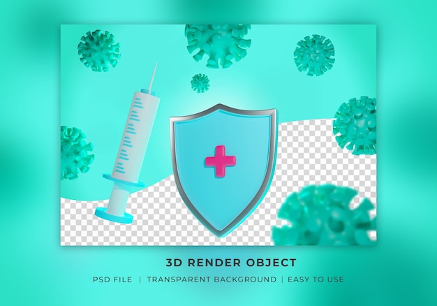 PSD vaccin de rendu 3d covid 19 avec emblème de protection