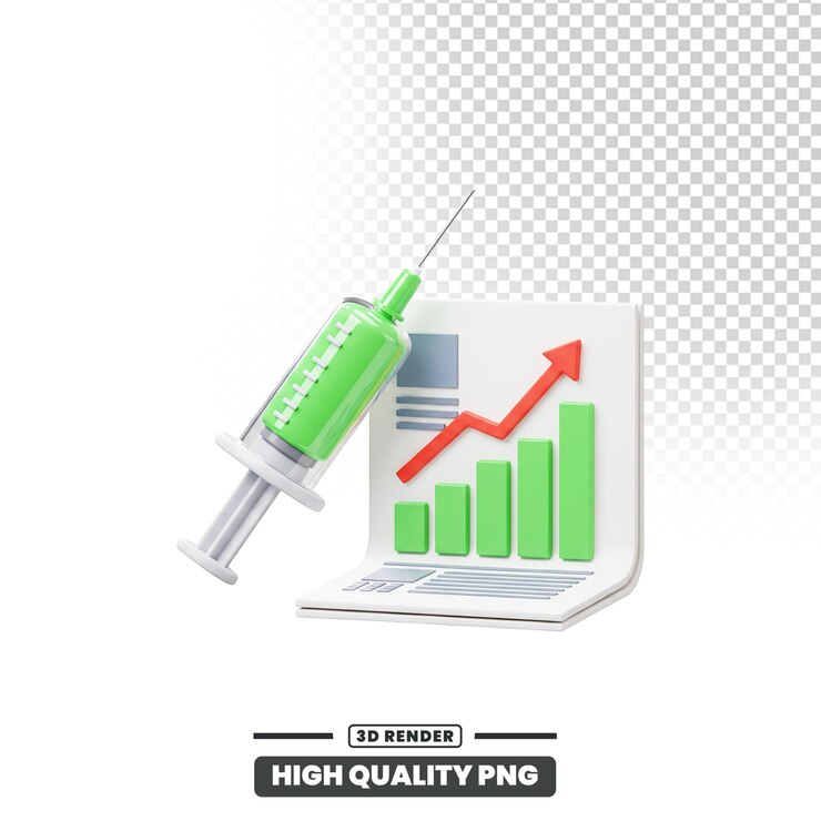 PSD vaccine syringe and business growth chart on laptop