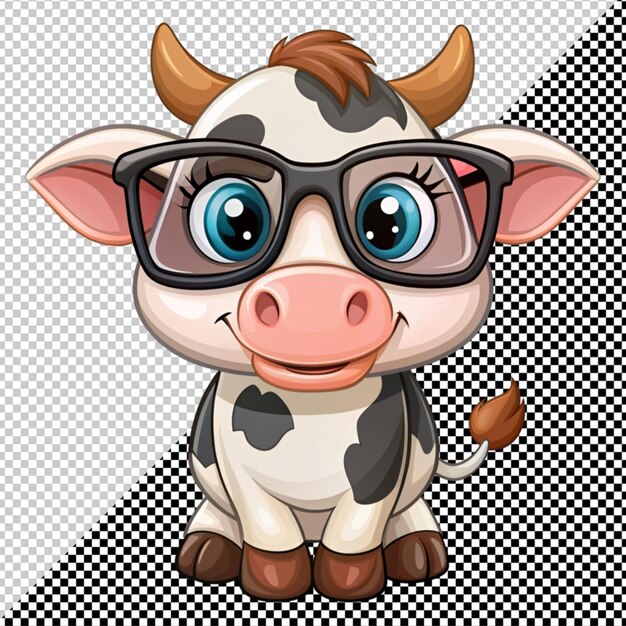 PSD vache de dessin animé en lunettes sur fond transparent