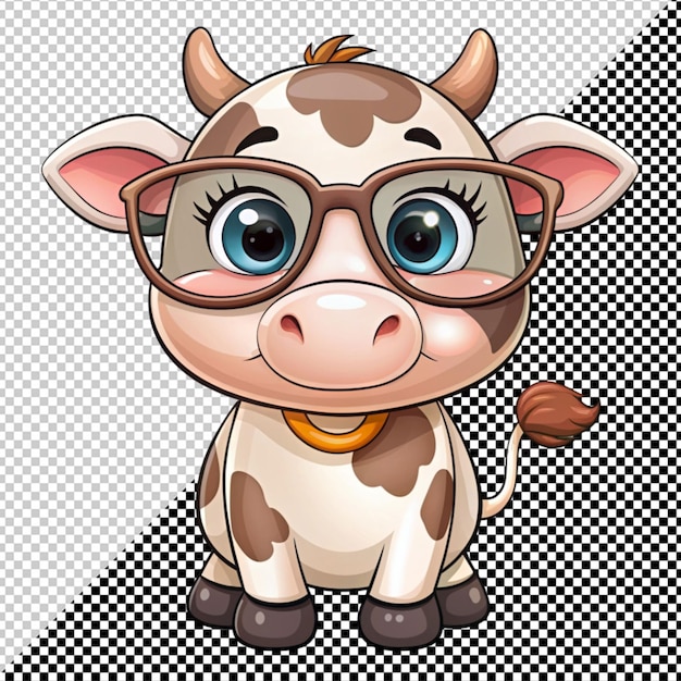 PSD vache de dessin animé en lunettes sur fond transparent