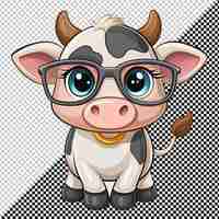 PSD vache de dessin animé en lunettes sur fond transparent