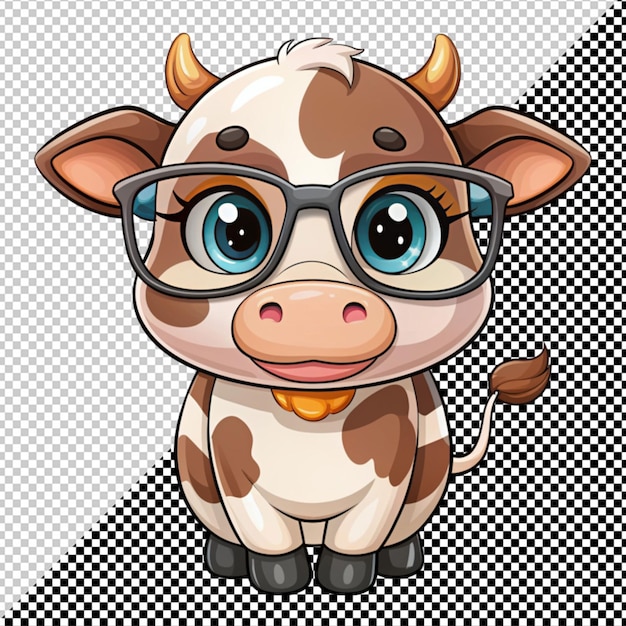 PSD vache de dessin animé en lunettes sur fond transparent