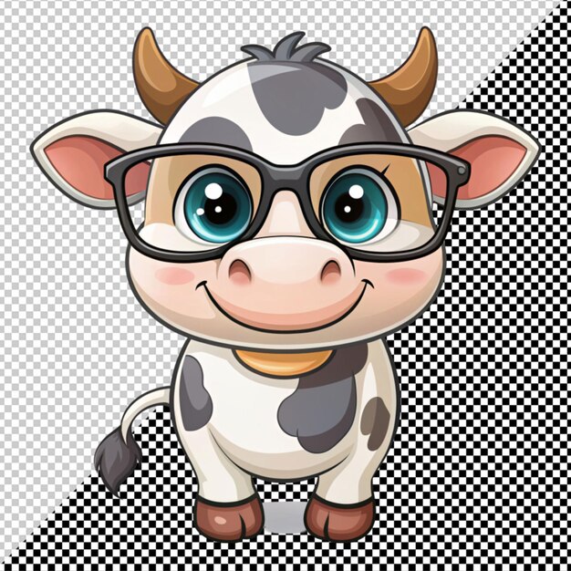 PSD vache de dessin animé en lunettes sur fond transparent