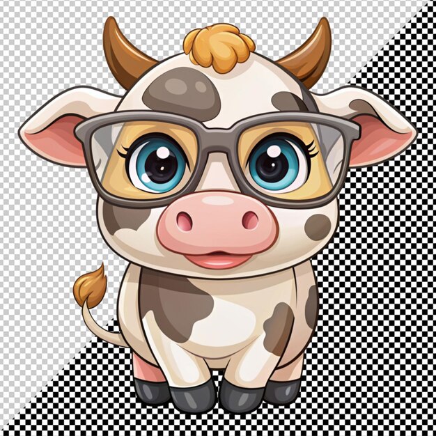 PSD vache de dessin animé en lunettes sur fond transparent