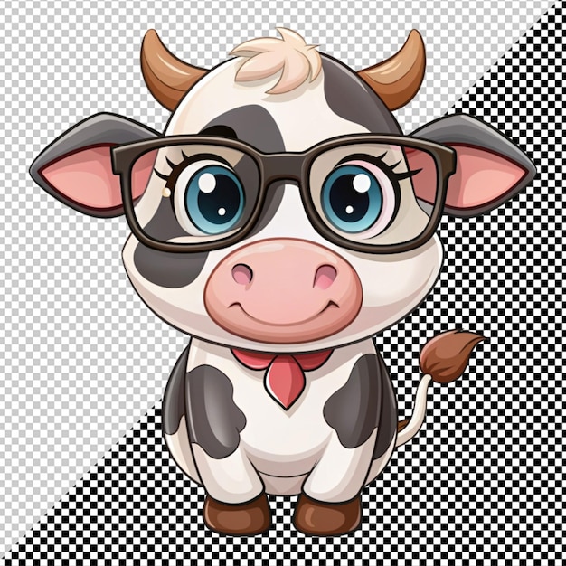 PSD vache de dessin animé en lunettes sur fond transparent