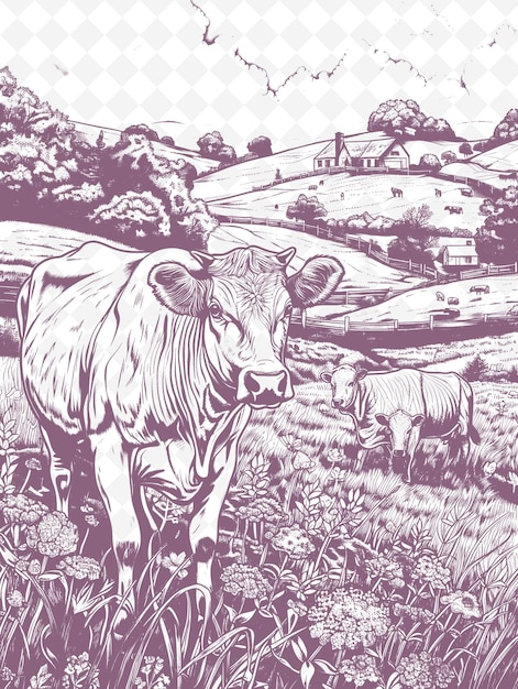 PSD une vache est debout dans un champ avec une vache en arrière-plan