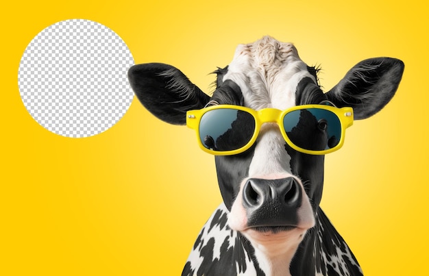 Une vache portant des lunettes de soleil et un cercle jaune qui dit "vache" dessus.