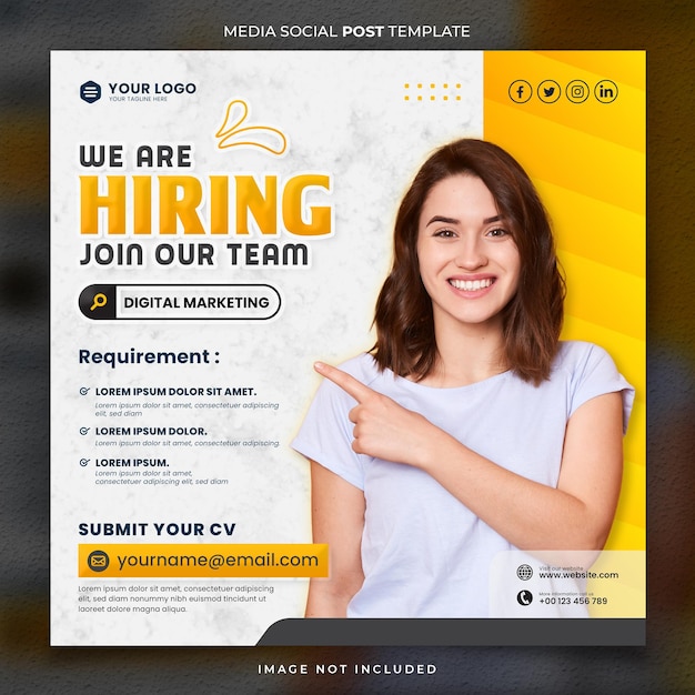 PSD vaga de emprego ou procurando por modelos de postagem de mídia social de trabalhadores com cor amarela