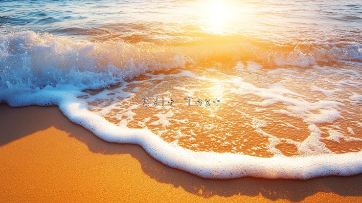 PSD une vague de l'océan qui bat doucement sur une plage de sable au coucher du soleil
