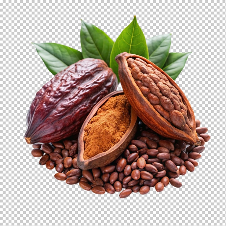 PSD la vaina y los granos de cacao con hojas aisladas sobre un fondo transparente