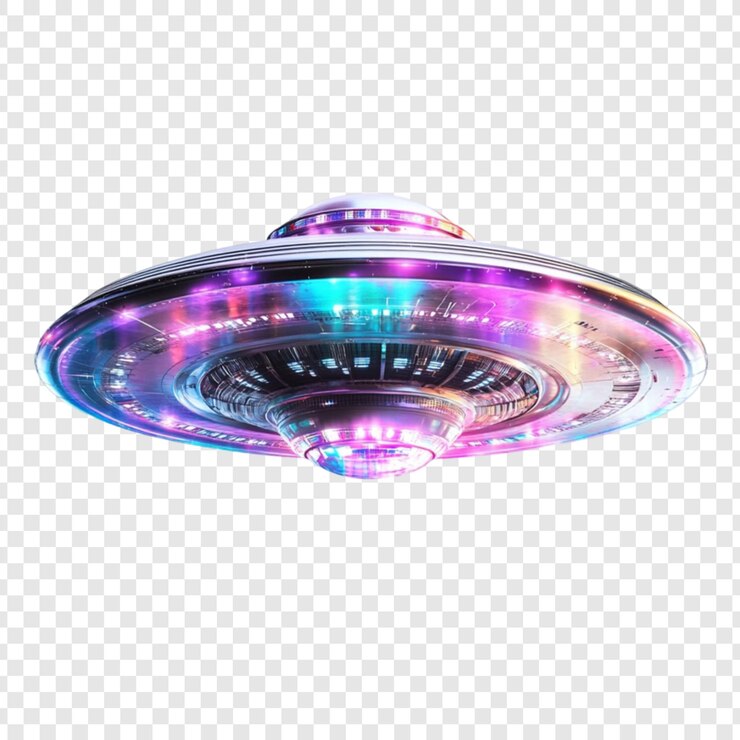 PSD un vaisseau spatial ufo futuriste brillant, un vaisseau extraterrestre mystérieux, des couleurs vives, un design science-fiction.