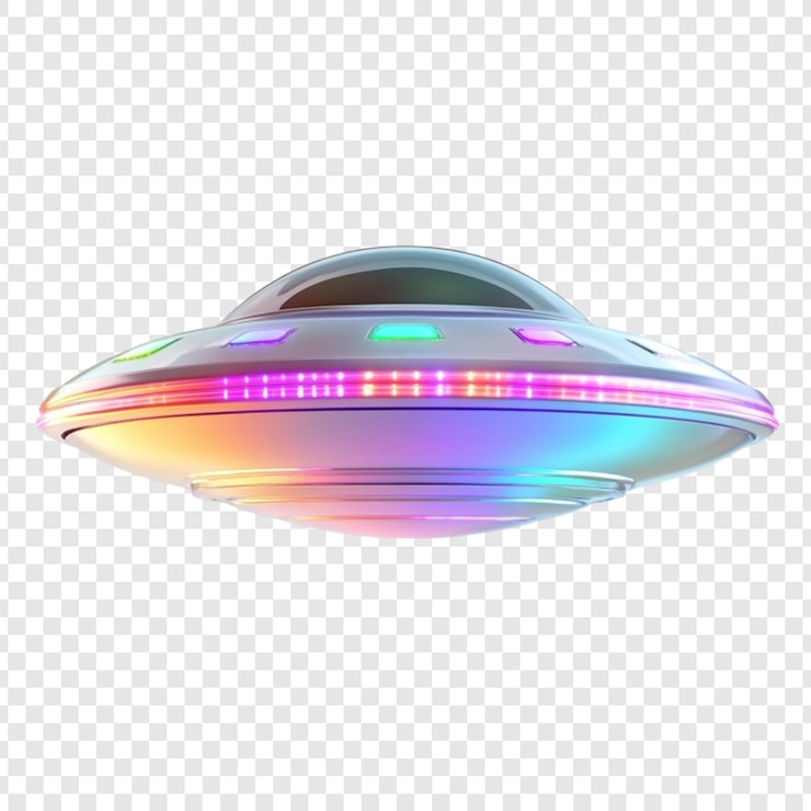 PSD un vaisseau spatial ufo futuriste avec des lumières colorées, une soucoupe volante, un vaisseau extraterrestre, des voyages spatiaux, de la science-fiction.