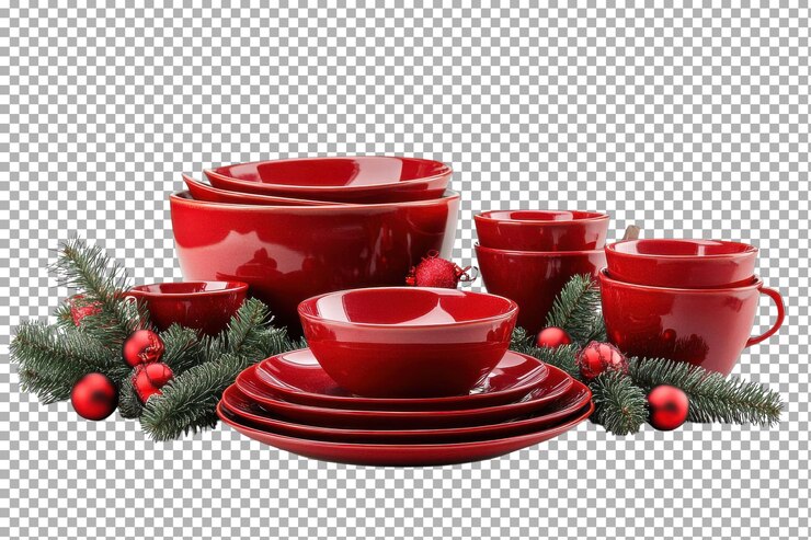 PSD la vajilla roja festiva expuesta con decoraciones navideñas con ramas y adornos de hoja perenne